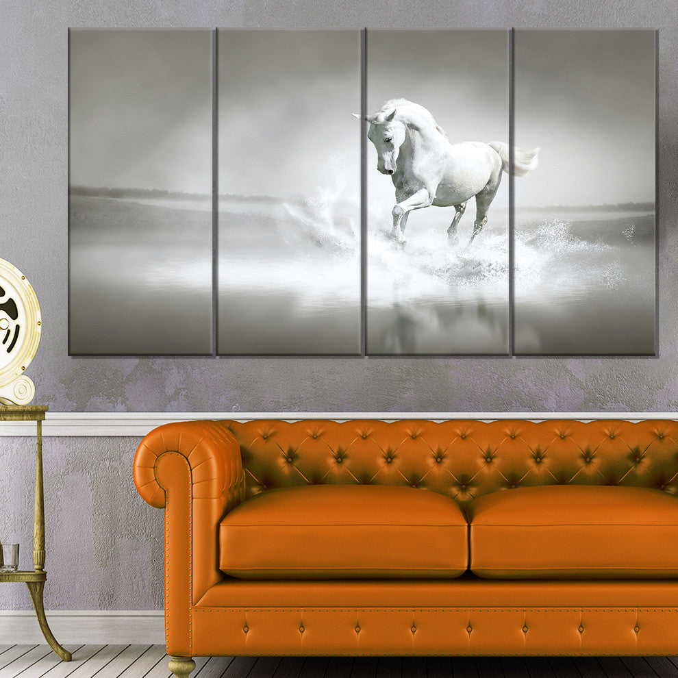 White Horse Running in Water, Animal Canvas Art Print, 48"x28", 4 Panels