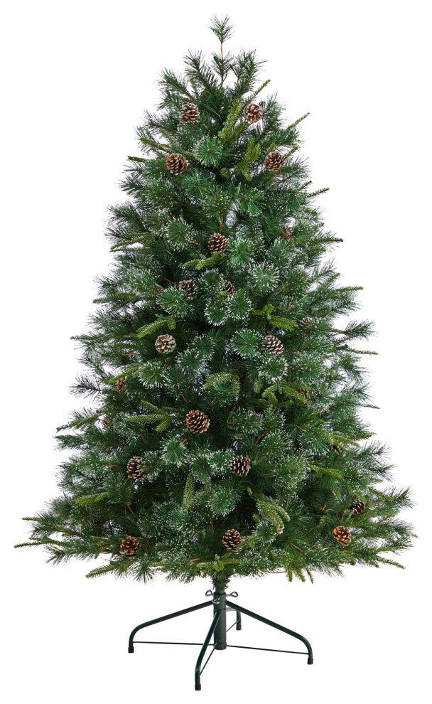 4' Snowed Tipped Clermont Mixed Pine Faux Xmas Tree W/Lights, Pinecones