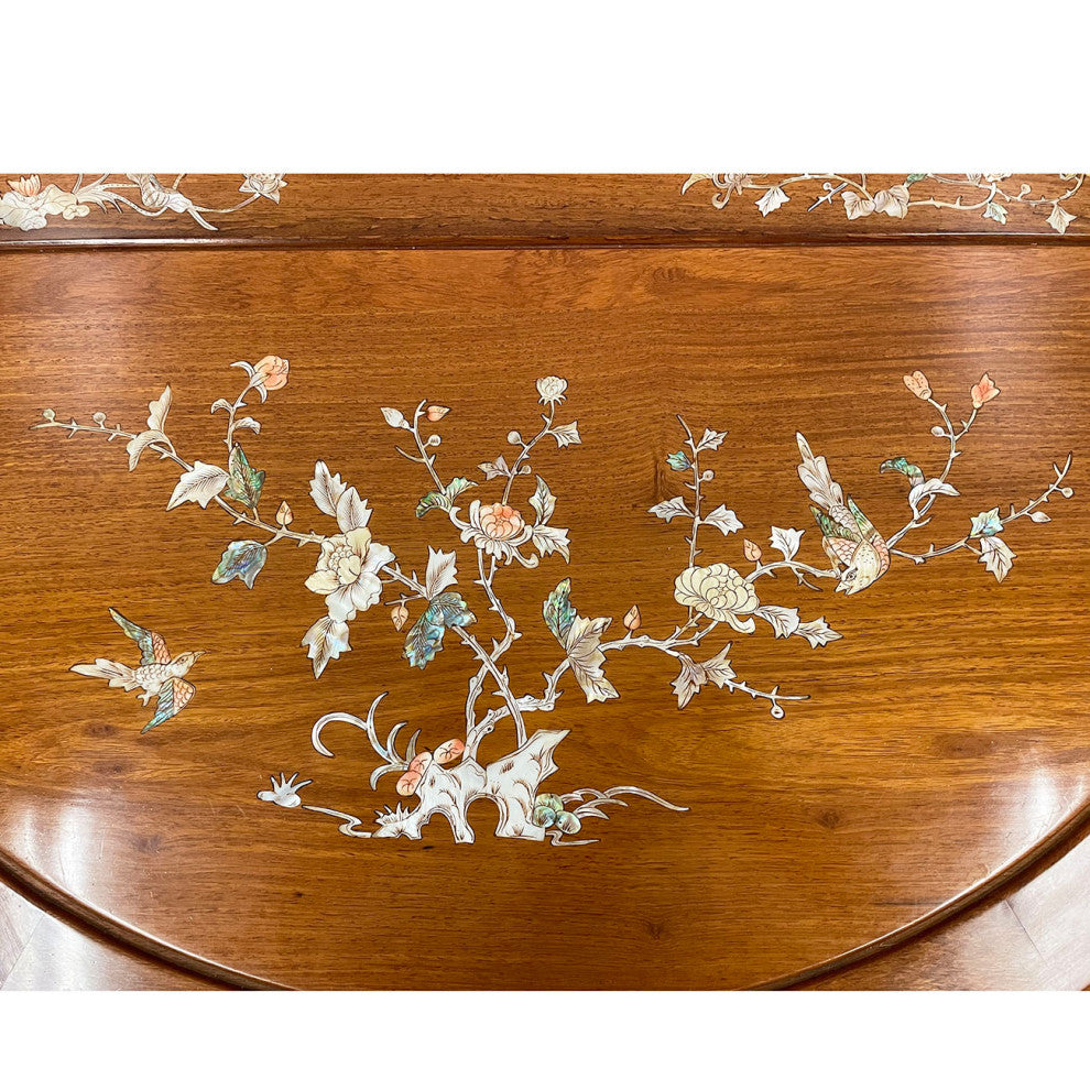 Consigned 20th Century Chinese Rosewood Half Moon Table w/Mother of Pearl inlay
