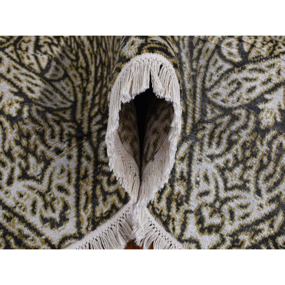 Jet Gray, Hand Knotted, Mughal Influence, Wool With Real Silk Rug, 8'8"x12'3"
