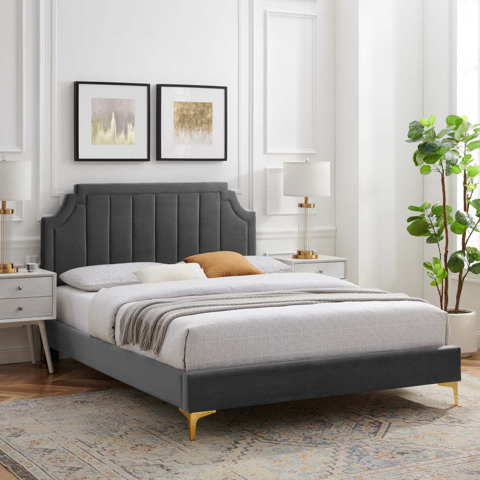 Platform Bed Frame, Queen Size, Velvet, Dark Gray, Modern Contemporary