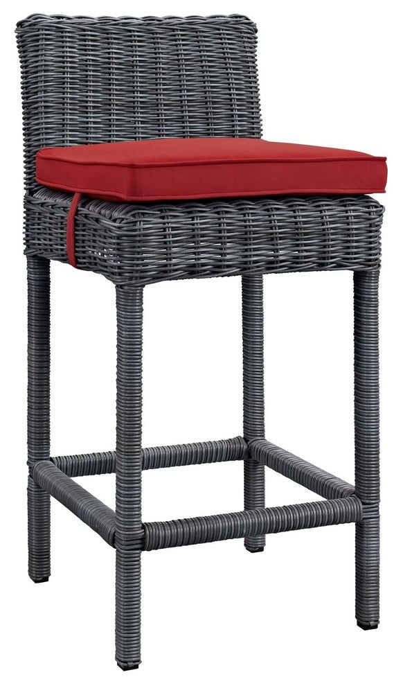 Modern Outdoor Bar Pub Stool Chair Set, Set of 4, Sunbrella Rattan, Red