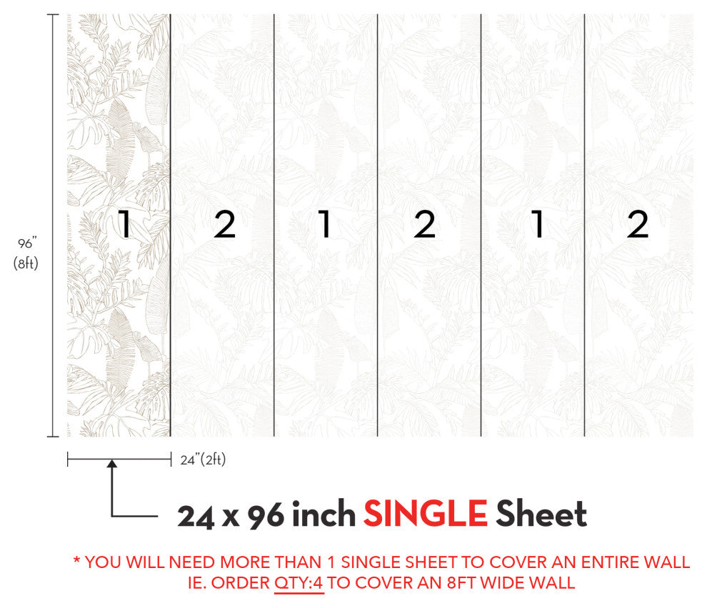 Hand Drawn Jungle Leaves Vinyl Peel and Stick Mural, Gray, 24"x96", Single