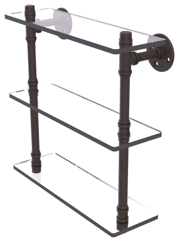 Pipeline Triple Glass Shelf, Oil Rubbed Bronze, 16"