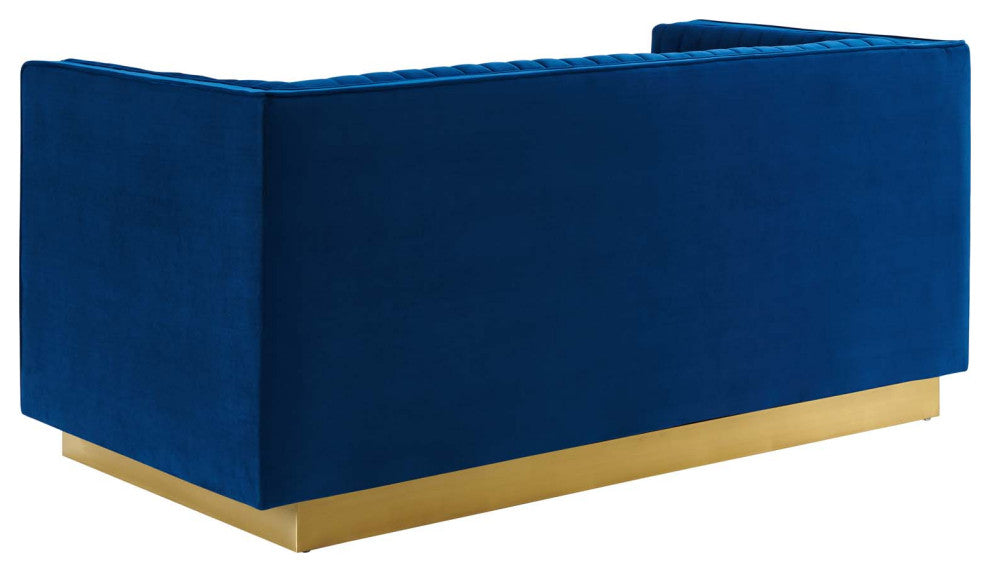 Tufted Loveseat Sofa, Velvet, Blue Navy, Modern, Living Lounge Hotel Hospitality