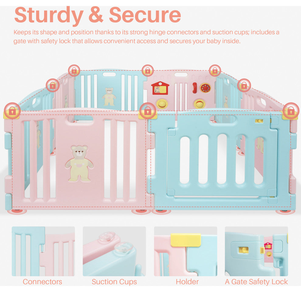 Kidzone Interactive Baby Playpen 8 Panel Safety Gate ASTM Certified, Light Pink