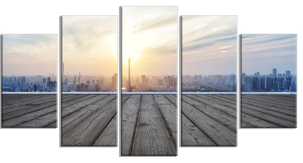 "Buildings With Empty Wooden Board" Landscape Wall Wall Art, 5 Panels, 60"x32"
