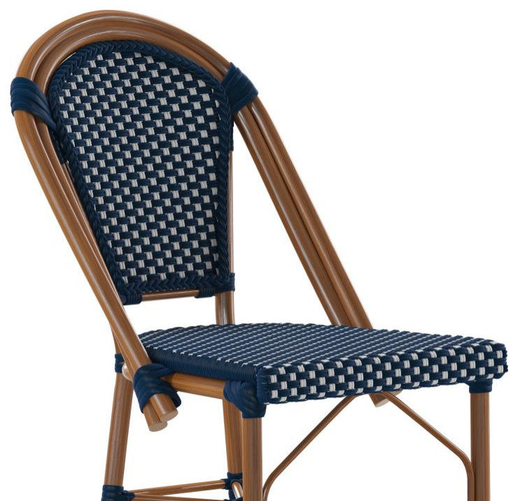 Set of 2 Stackable Indoor/Outdoor French Bistro 26" High Bar Stools, Navy & White/Natural Frame