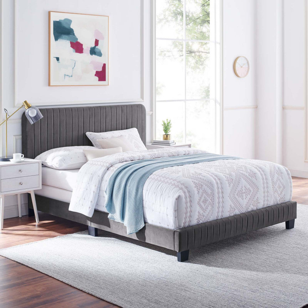 Tufted Platform Bed Frame, Full Size, Velvet, Grey Gray, Modern Contemporary