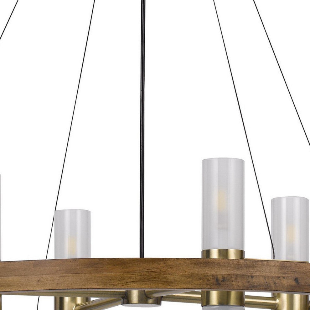 Benzara BM282184 Chandelier, Round Outer Frame, 4 Frosted Glass Shades, Brass