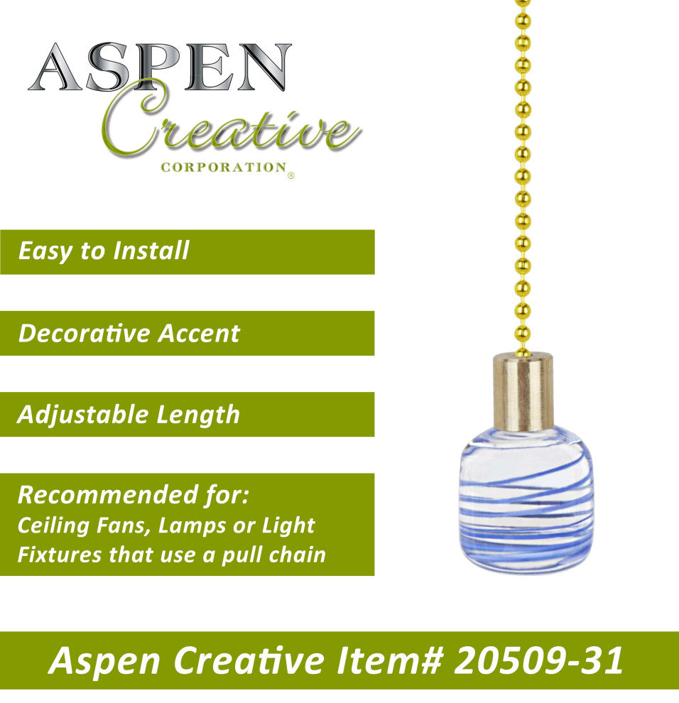 Aspen Creative 20509-X, 12" Glass Knob with Pull Chain, Clear With Blue Grain, P