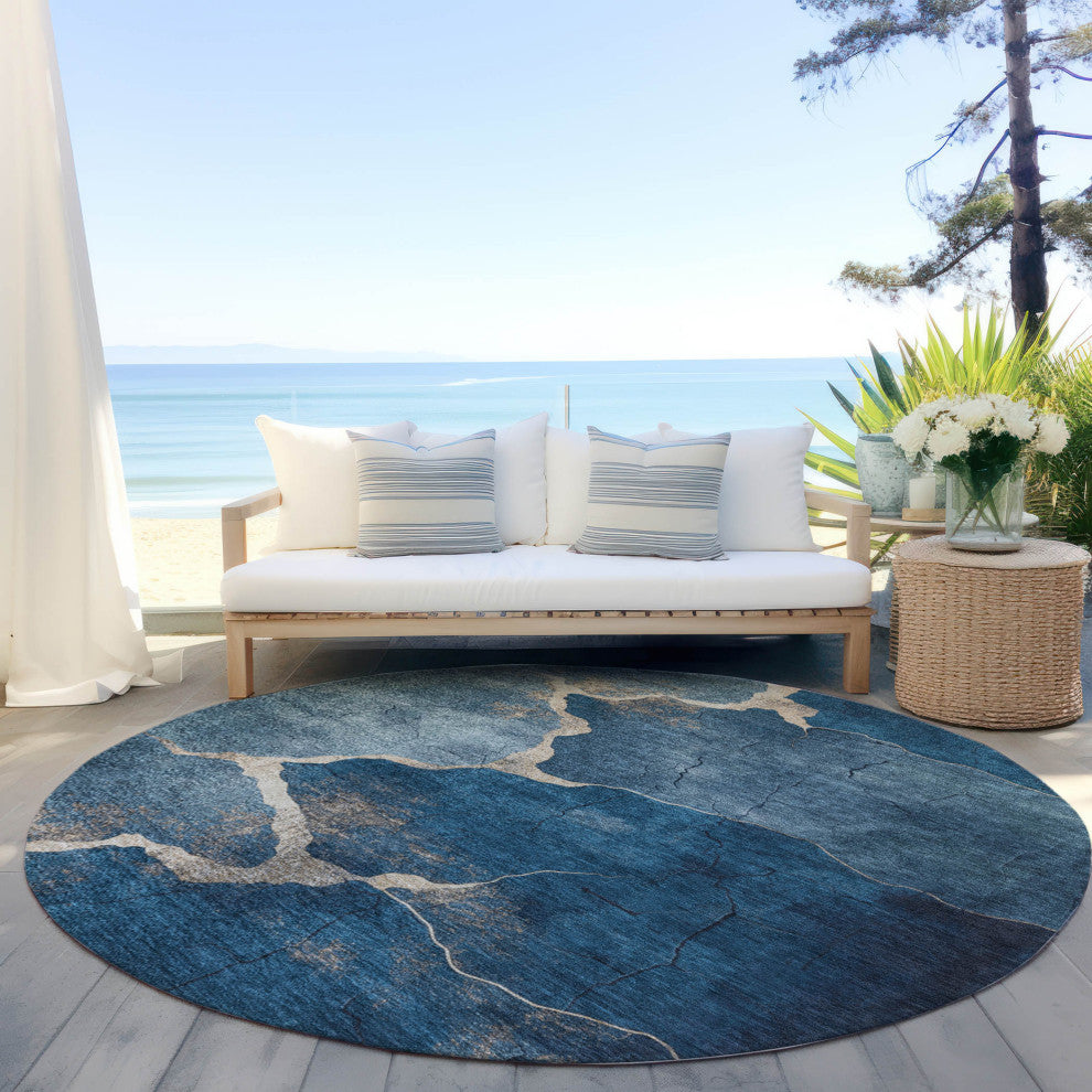 Machine Washable Indoor/Outdoor Chantille ACN1889 Navy 8' x 8' Round Rug