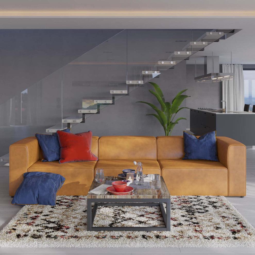 Sectional Sofa Set, Faux Vegan Leather, Tan, Modern, Living Lounge Hospitality