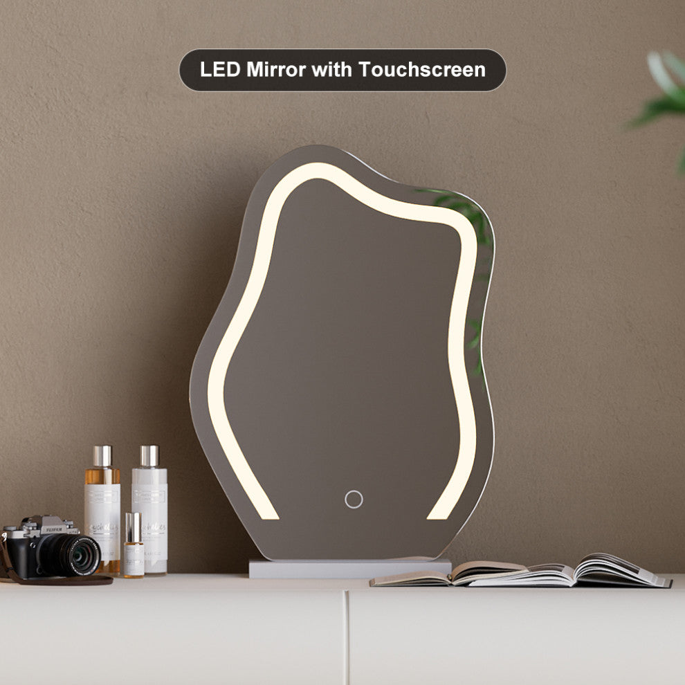 Modern Vanity Set PU Leather Dressing Table With Stool/LED Mirror, Off-White