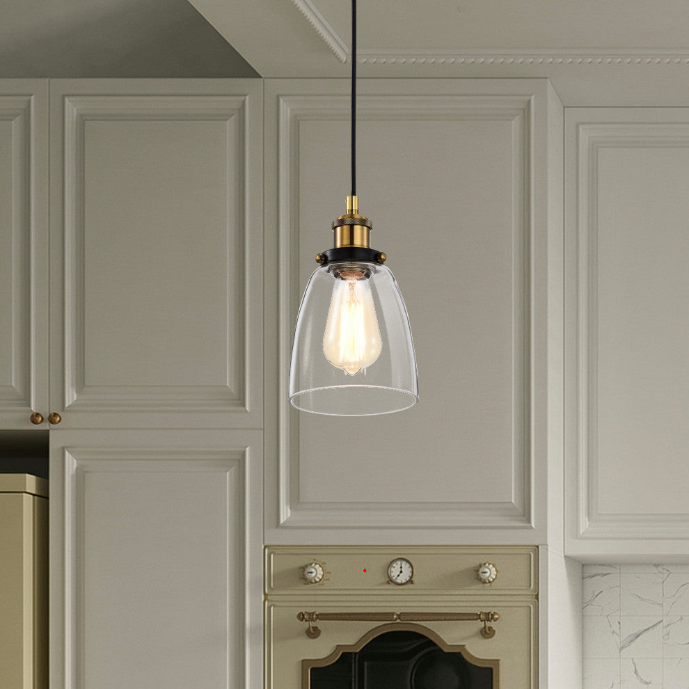 1-Light Black and Antique Brass Mini Pendant Light With Clear Bell Glass Shade