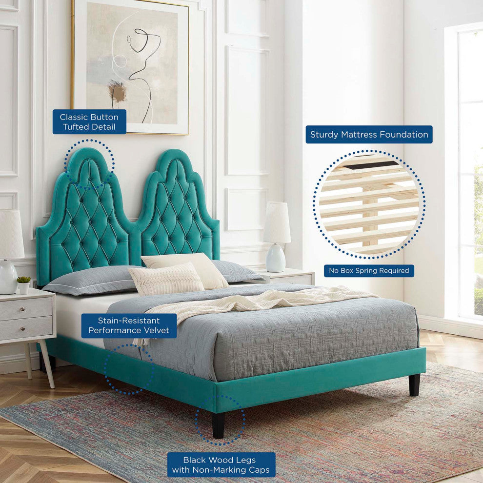 Tufted Platform Bed Frame, Twin Size, Velvet, Teal Blue, Modern Contemporary