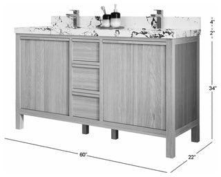 Elizabeth Oak 60" Double Sink Vanity, White 2" Piatra Gray