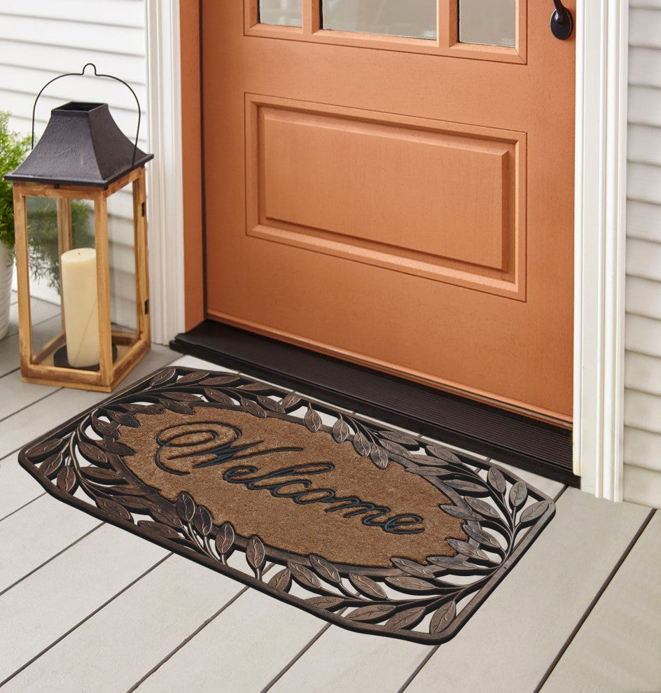 Natural Coir & Rubber 38x23, Thick Durable Doormats, Leaf Border Welcome Bronze
