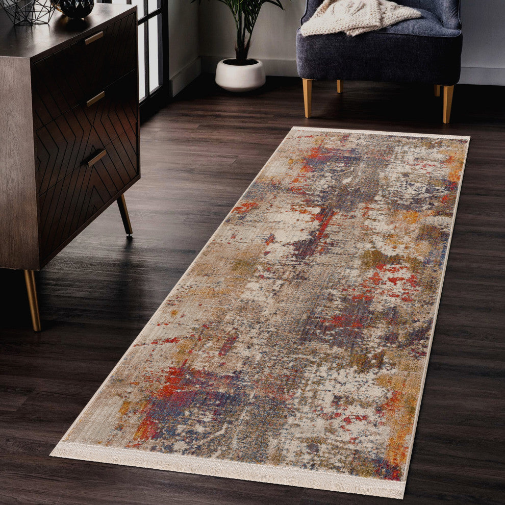 Distressed Modern Abstract Area Rug, 2' X 6'