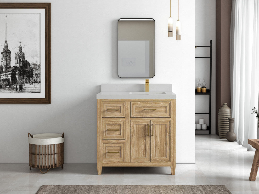 Santa Monica 36 Right Offset  Bath Vanity in Whitewashed Teak 2" Carrara Quartz
