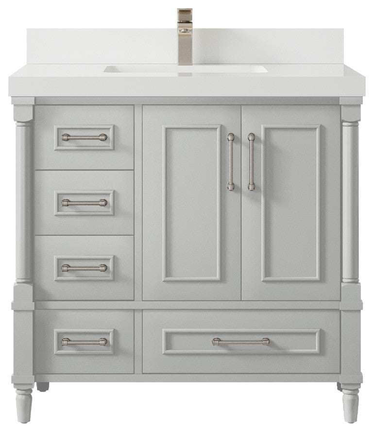 Aberdeen 36 Center Sink Bath Vanity in Coventry Gray 2" White Quartz