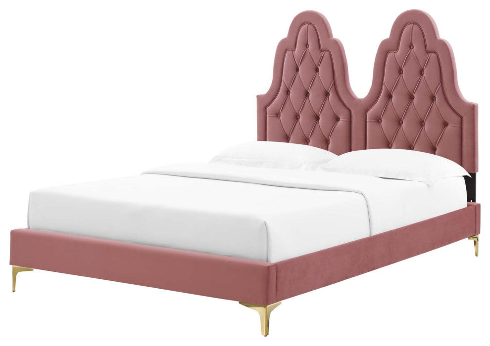 Tufted Platform Bed Frame, Full Size, Velvet, Pink, Modern Contemporary, Bedroom