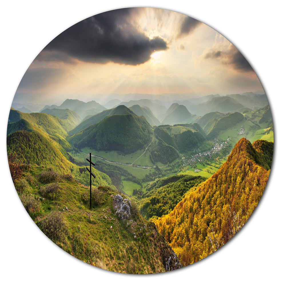 Slovakia Spring Forest Mountain, Landscape Art Round Metal Artwork, 23"