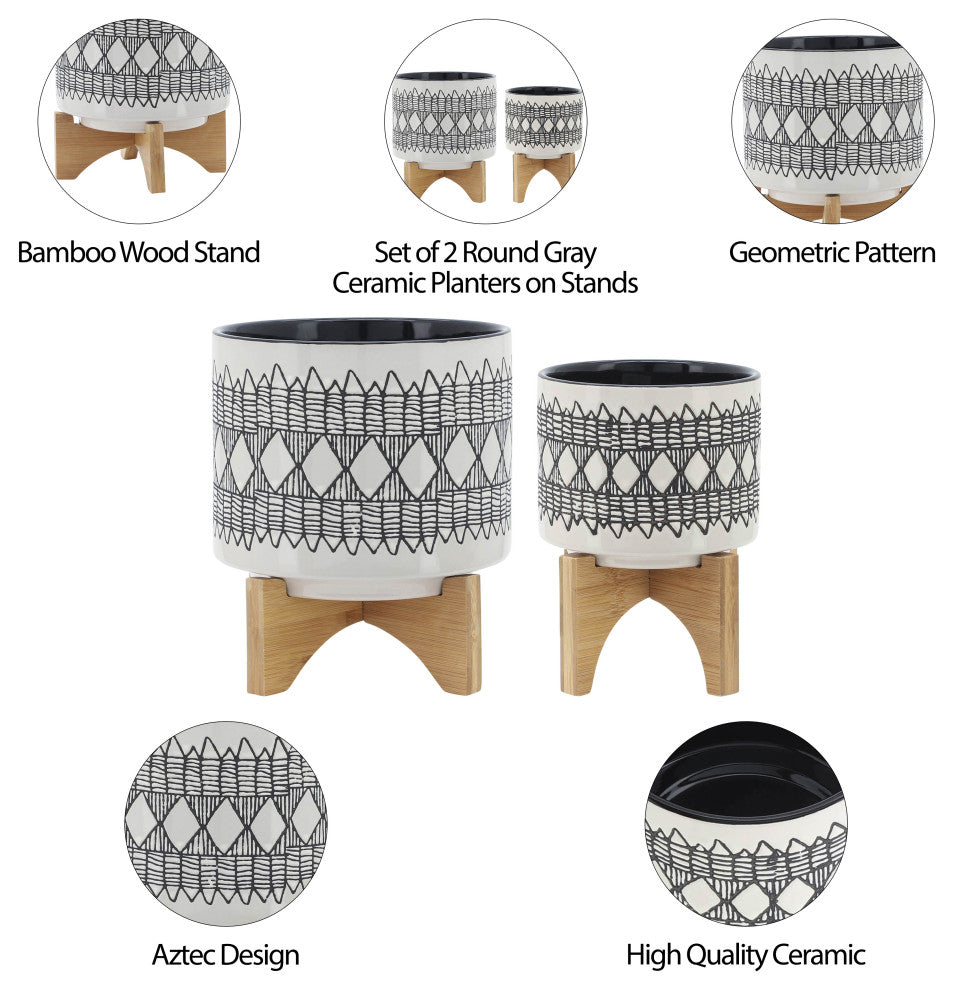 Cer 2-Piece Set Aztec Planter On Wooden Stand, Gray