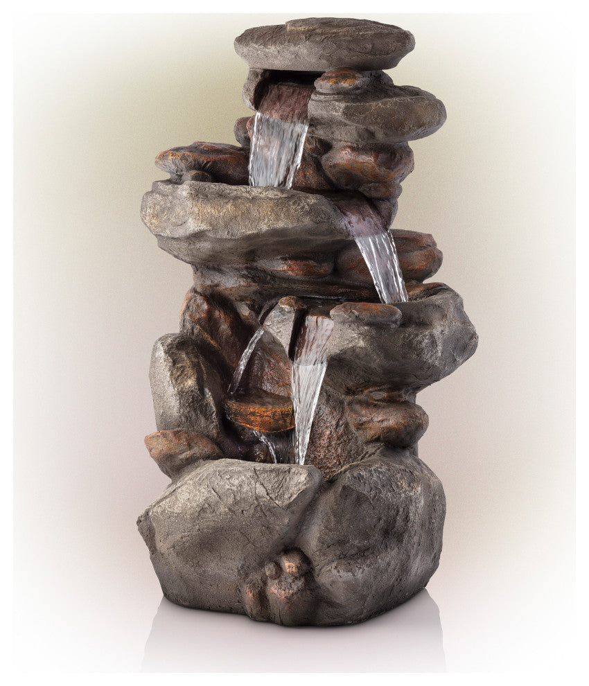 40" Tall Outdoor 4-Tier Rock Water Fountain with LED Lights