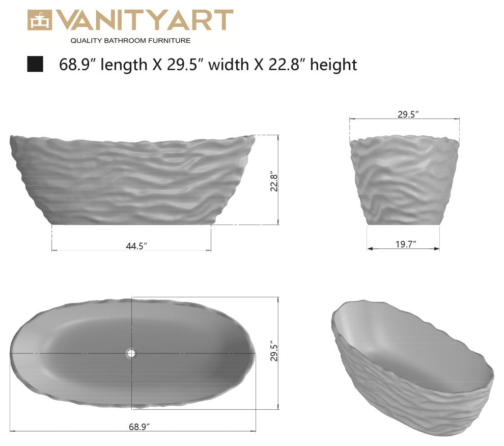 Vanity Art Freestanding Soaking Stone Resin Bathtub, Pure Resin Red