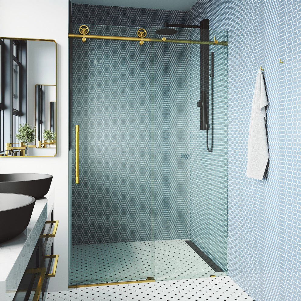 VIGO Elan Cass Aerodynamic 52" to 56" W x 76" H Frameless Sliding Shower Door, Matte Brushed Gold, Clear Glass