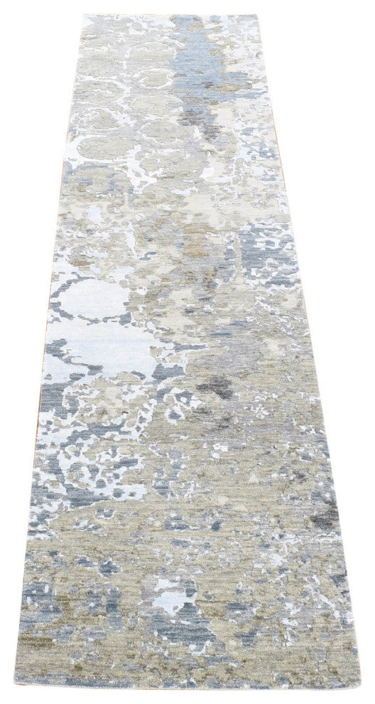 Gray, Modern Abstract Design, Hand Knotted Pure Wool, Runner Rug, 2'6"x10'6"