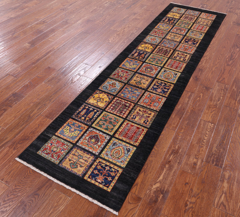 2' 6" X 9' 8" Persian Garden Design Black Hand Knotted Runner Rug Q10694