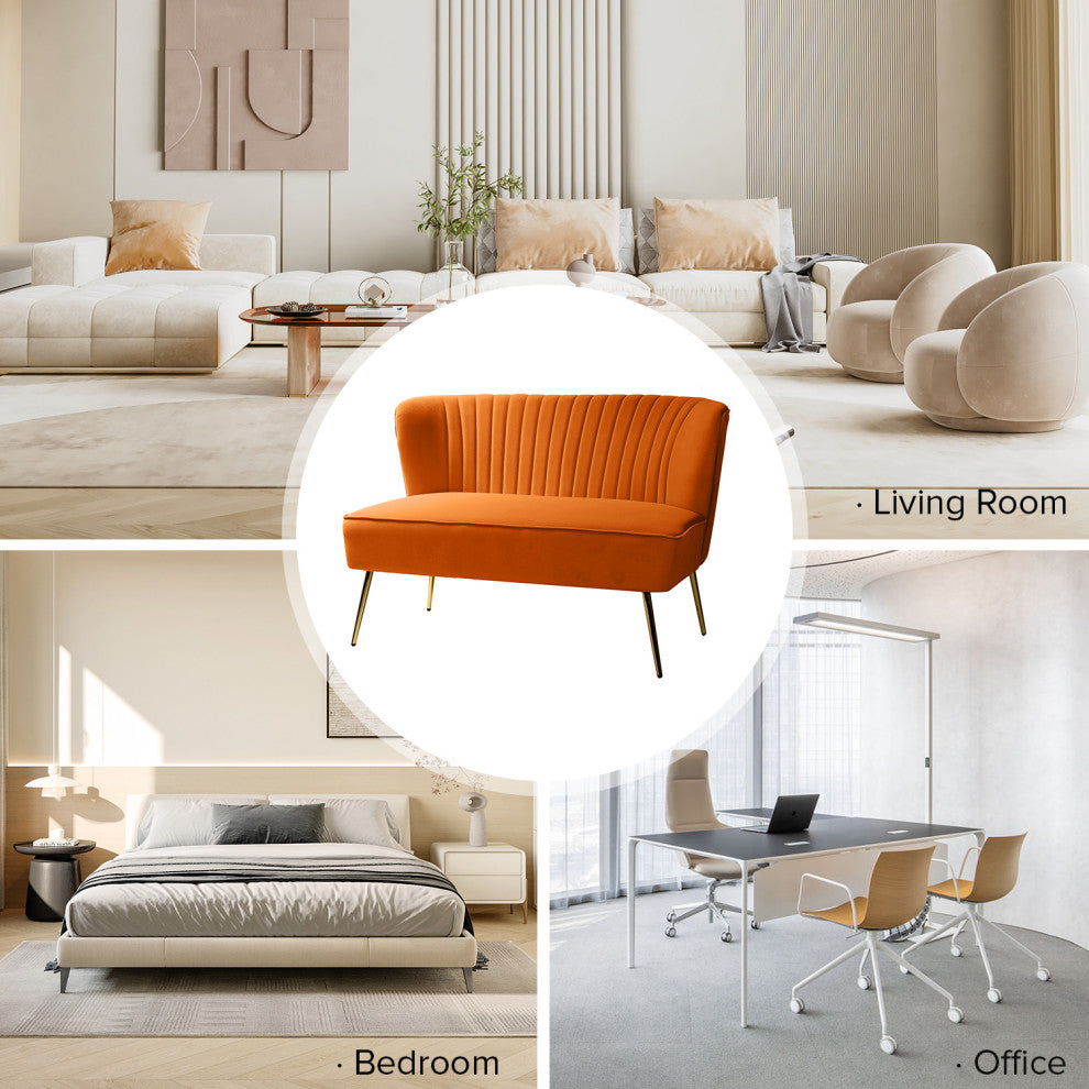 Velvet Tufted Loveseat Sofa With Golden Base, Orange