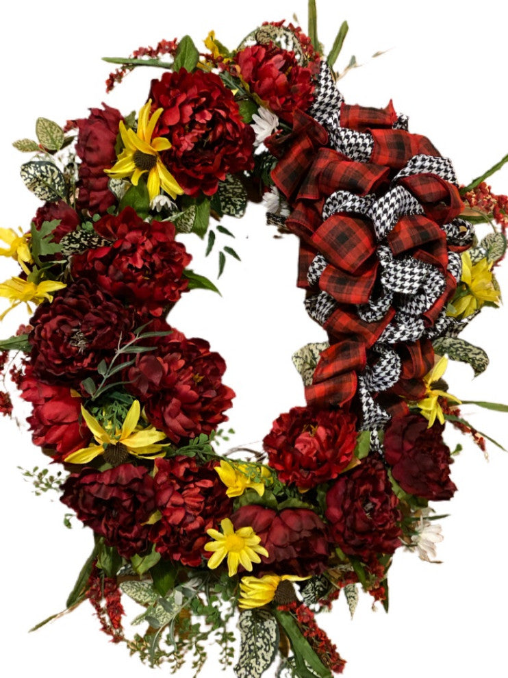 Fall Wreath All season Oval Yellow Red Peony White Outdoor Silk Floral 28x24