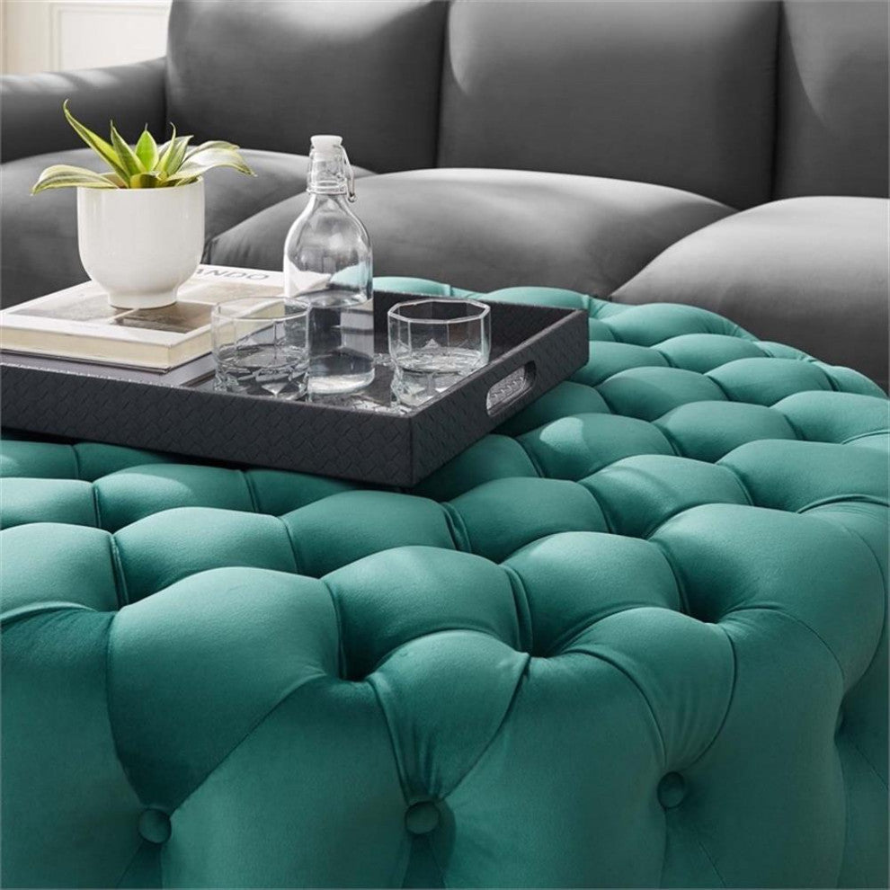 Amour Tufted Button Large Round Performance Velvet Ottoman - Teal EEI-5469-TEA