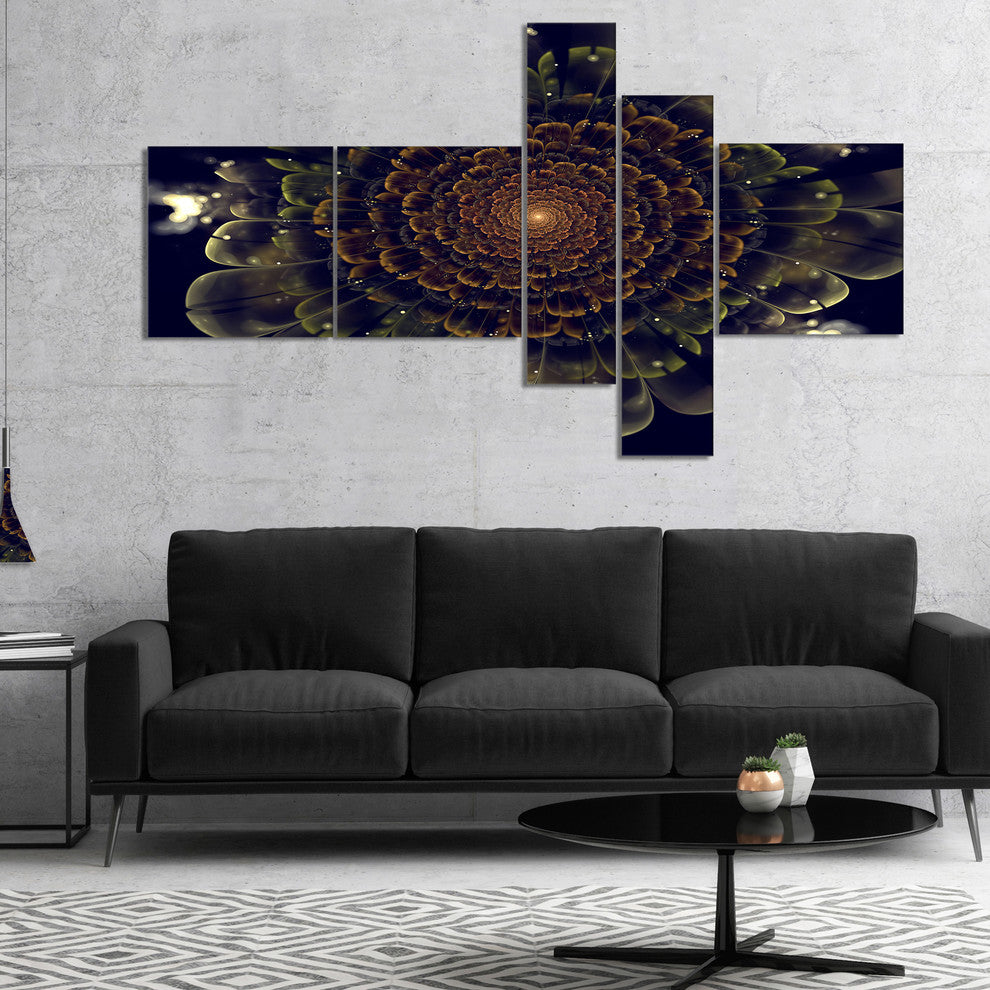 Orange Fractal Flower with Green, Abstract Print On Canvas, 60"x32", 5 panels