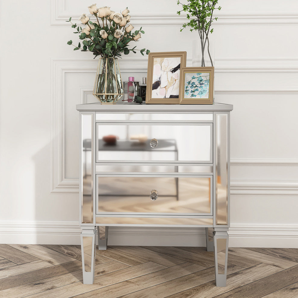 2-Drawer Mirrored Nightstand in Silver