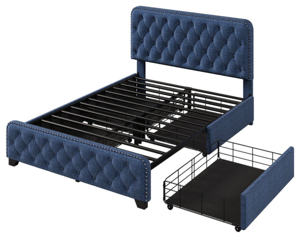 Metal Platform Bed with Headboard, Upholstered and 4-Drawer, Blue, 78.7" X 58.3"