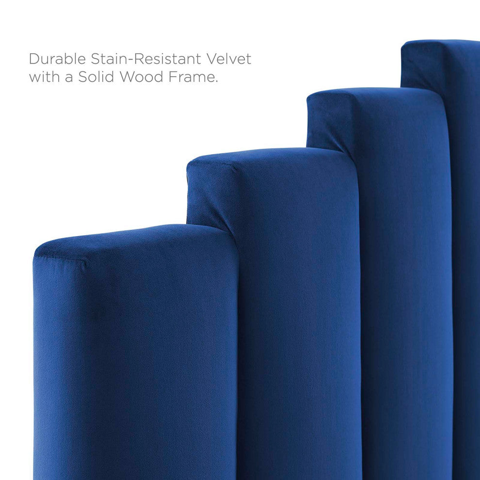 Platform Bed Frame, Full Size, Velvet, Blue Navy, Modern Contemporary, Bedroom