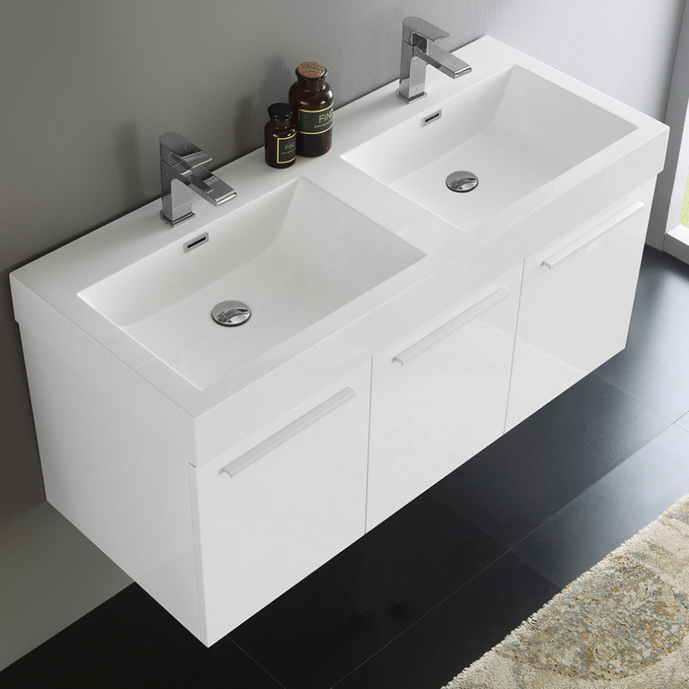 Vista 48" White Wall Hung Double Sink Modern Bathroom Cabinet w/ Integrated Sink