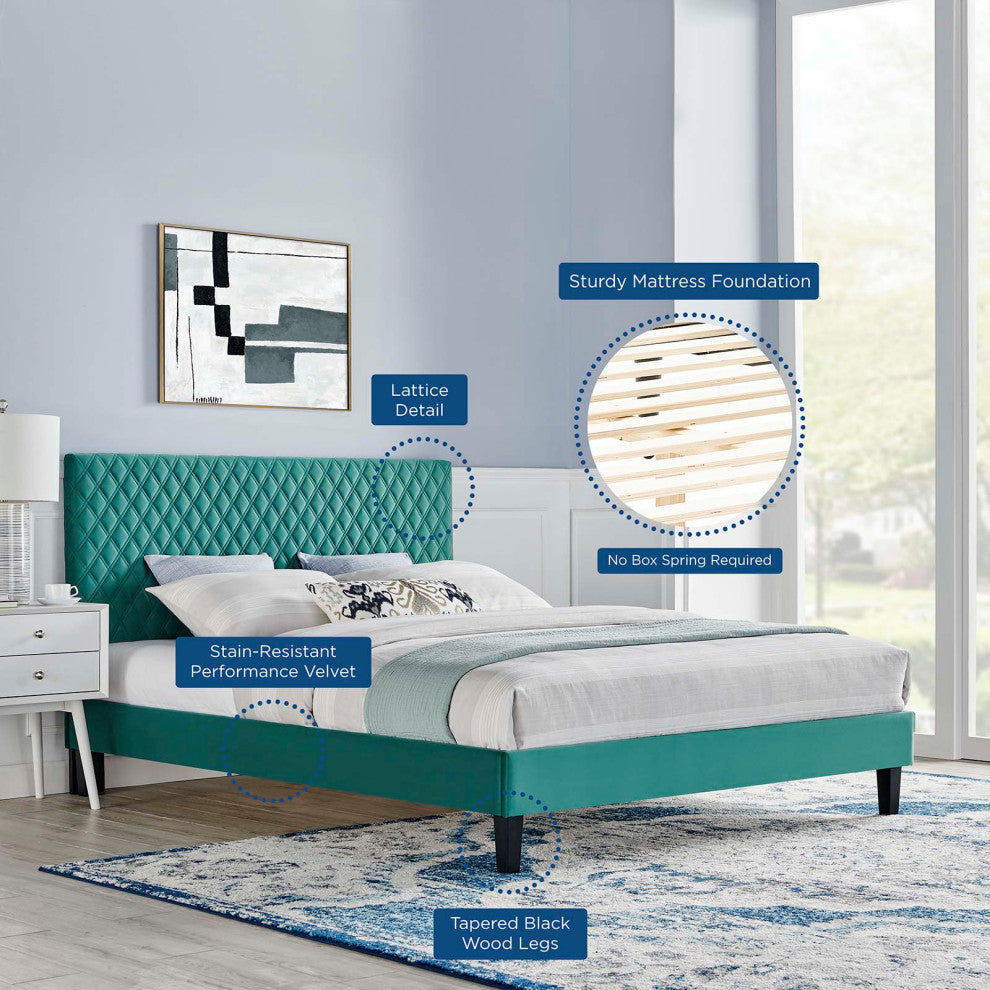 Platform Bed Frame, King Size, Teal Blue, Velvet, Modern, Bedroom Guest Suite
