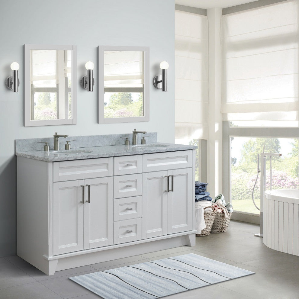 61" Double Sink Vanity, White Finish And White Carrara Marble And Oval Sink