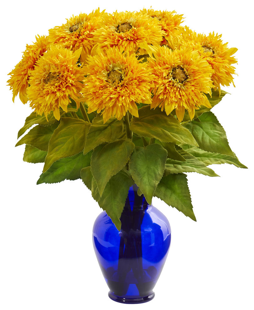 Nearly Natural Sunflower Artificial Arrangement in Blue Vase Yellow