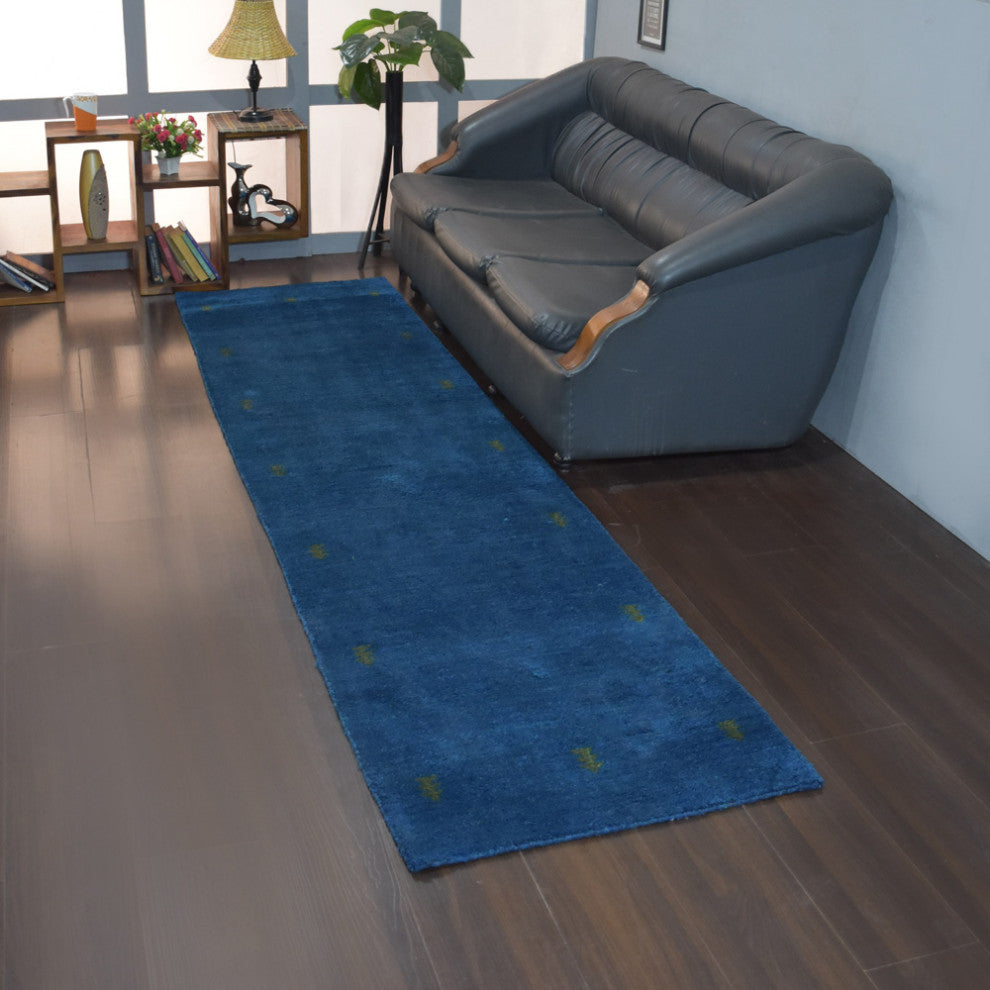HAND KNOTTED LOOM SILK ECO-FRIENDLY AREA RUG -2'6''x12',Runner,Blue,Contemporary