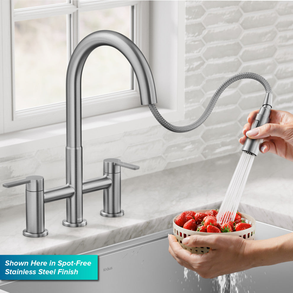 KRAUS Oletto 2-Function Pulldown 3-Hole Bridge Kitchen Faucet, Spot Free ACB