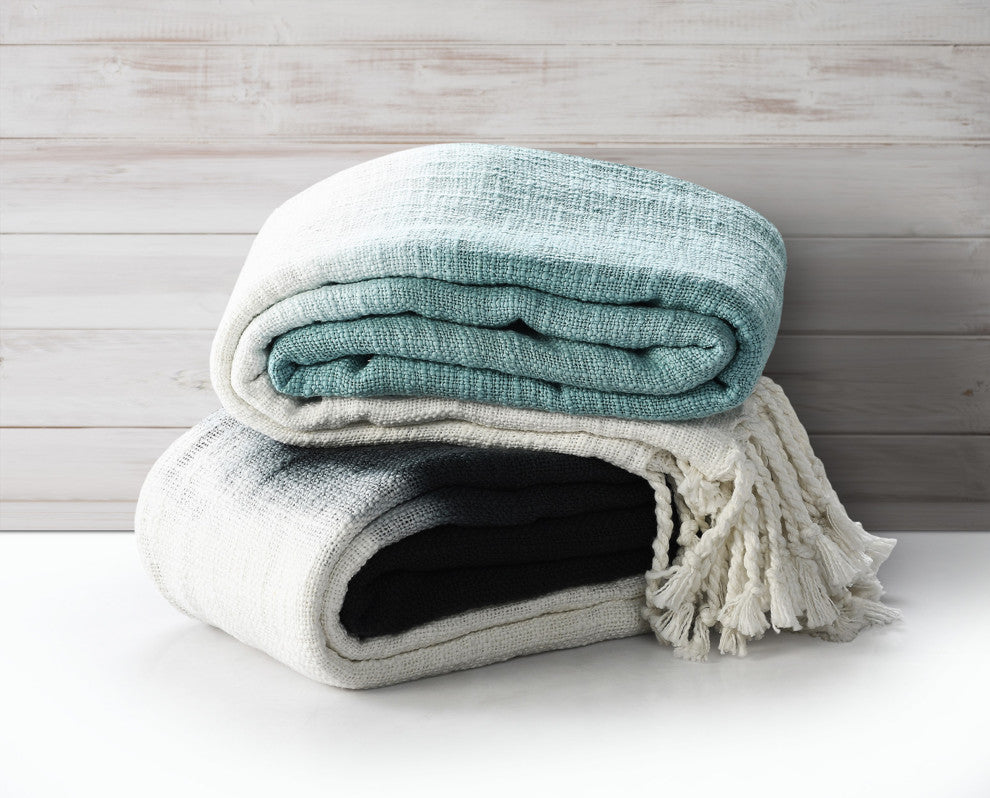 Shibori Slab Throw Blanket with Fringe, Angel Blue