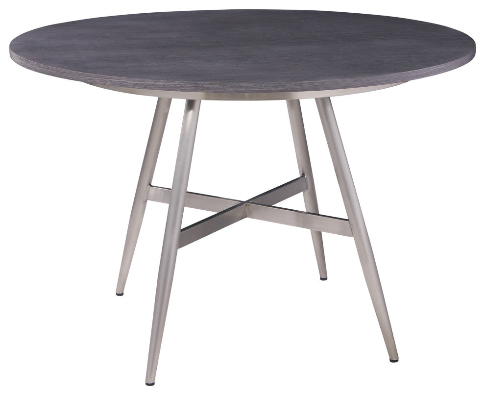 Soleil Contemporary Dining Table, Brushed Stainless Steel and Gray Walnut Top