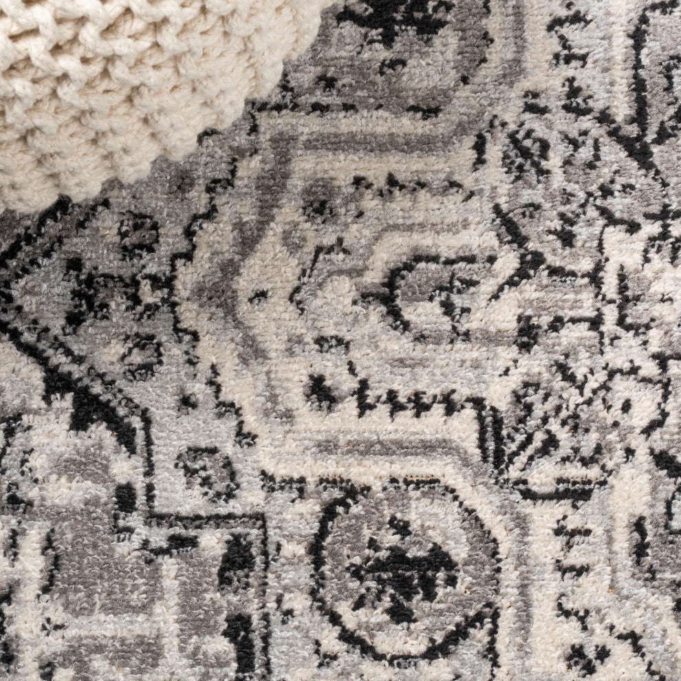 Denia Ornate Geometric Medallion Area Rug, Dark Gray, 2 X 8