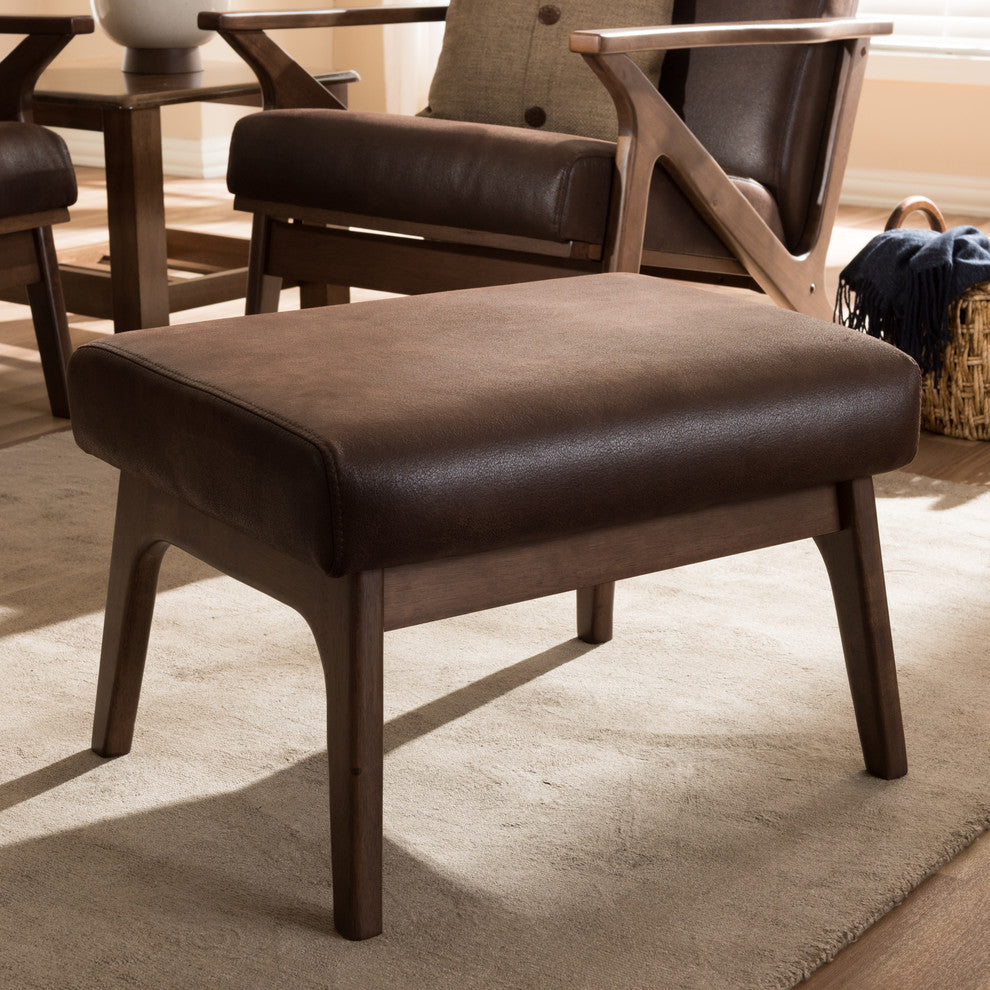 Bianca Walnut Wood Dark Brown Distressed Faux Leather Effect Ottoman
